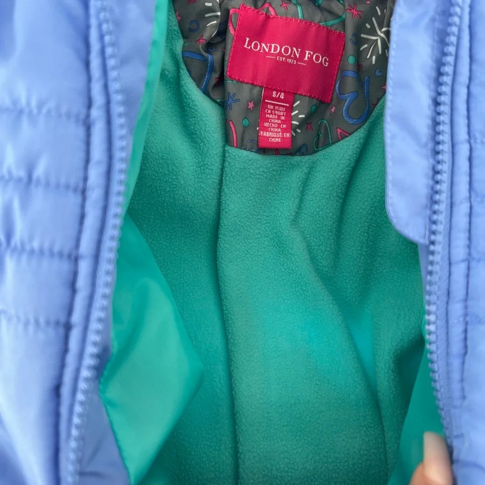 London Fog Kids Puffer Coat Jacket S/4 Blue Faux Fur Hood‎ Embroidered Hearts
